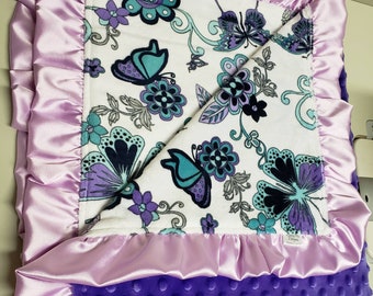 Butterflies blanket, teal and purple blanket, baby girl blanket, ruffle blanket, flowers blanket