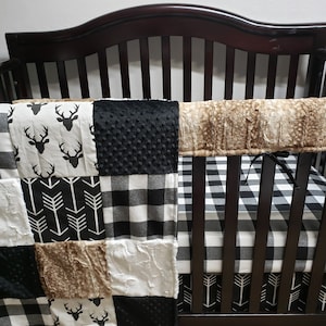 Patchwork crib bedding, baby boy bedding, baby blanket, deer baby bedding, modern nursery, fawn minky crib bedding