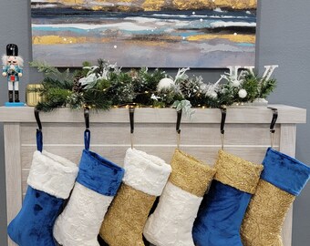 Royal blue Christmas stockings, dark gold stockings, ivory stockings, modern Christmas,elegant Christmas decorations