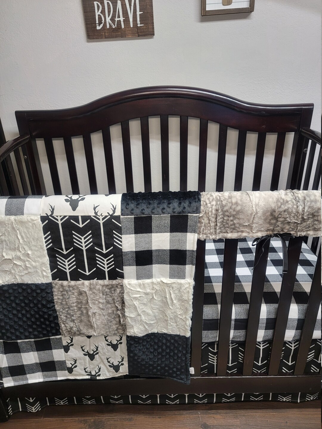 Patchwork Crib Bedding, Black Bucks, Fawn Minky, Rustic Crib Bedding