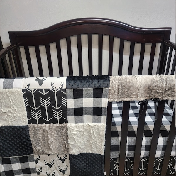 Patchwork crib bedding, black bucks, fawn minky, Rustic crib bedding, hunter bedding, modern nursery bedding