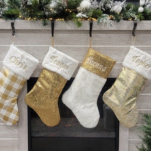 Christmas stockings, gold and ivory stockings, metallic gold stockings, modern Christmas, beautiful stockings