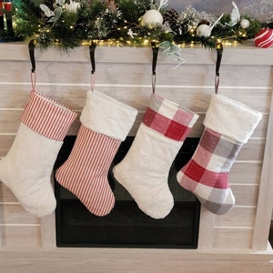 Red Christmas stockings, red,gray, ivory and silver stockings,Christmas decorations, Christmas gift, red,ivory and gray plaid,red stripes