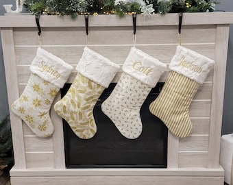 Christmas stockings, gold and ivory Christmas stockings, gold deers,gold stripes, gold feathers, gold snowflakes, modern Christmas