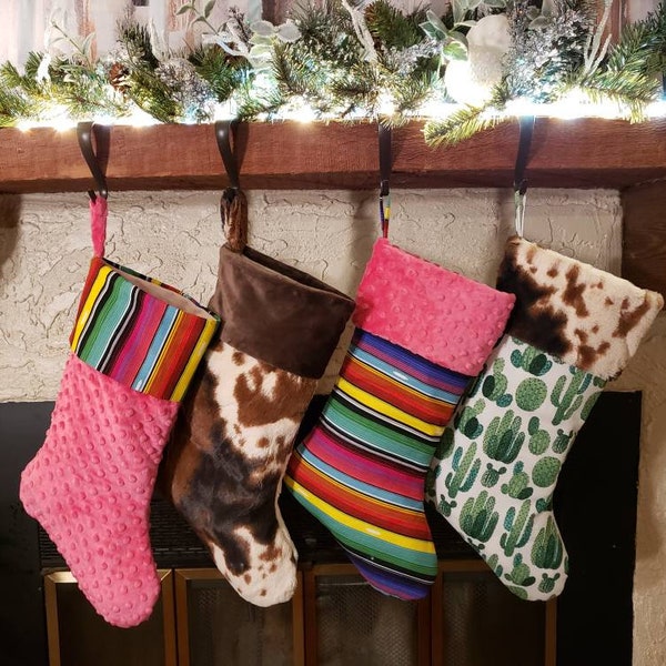 Colorful stockings,cactus,serape,cow minky,fuchsia minky,happy Christmas, modern Christmas decor, Christmas gift ideas,decoracion de Navidad