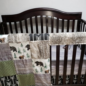 Camping bear crib bedding,nursery set,boy crib bedding, gray fawn minky, black/white arrows hunter minky,woodgrain, forest crib bedding