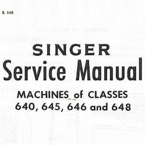 May include: Black and white Singer Service Manual cover for machines of classes 640, 645, 646 and 648. The manual is a supplement to Form 20732.