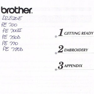 Könnte beinhalten: Eine Schwarzweiß-Zeichnung einer computergesteuerten Stickmaschine. Das Bild stammt aus einem Brother-Nähmaschinenhandbuch. Das Handbuch enthält Anweisungen zum Vorbereiten, Sticken und einen Anhang.