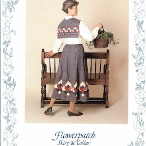 Könnte beinhalten: Eine Frau in einem floralen Rock und Westenset. Der Rock und die Weste weisen ein sich wiederholendes geometrisches Muster mit roten, weißen und blauen Akzenten auf. Der Text "Four Corners" und "Flowerpatch Skirt & Collar" ist sichtbar.