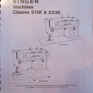 May include: Black and white line drawing illustrations of two Singer sewing machines, a 513 and a 533, on a white page. The page is from a Singer sewing machine service manual. The text on the page reads "Servicing Instructions for SINGER Machines Classes 513K & 533K".