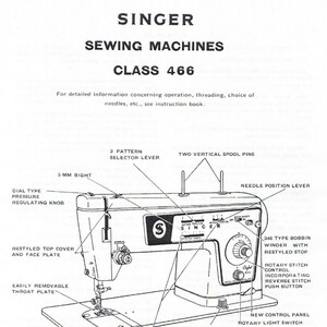 May include: A black and white line drawing of a Singer sewing machine, Class 466. The drawing shows the machine's features, including the needle position lever, bobbin winder, stitch control, and feed throw-out knob. The text "Servicing instructions for 478 Machines apply to the 466 with the exception of the special instructions on pages 59 to 75." is included in the image.