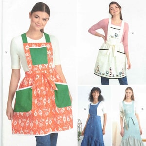 May include: A sewing pattern for four different apron styles. The pattern is called Simplicity S9435 and includes sizes XS-XL. The aprons are shown in various colors and fabrics, including denim, white, and a green and orange print.