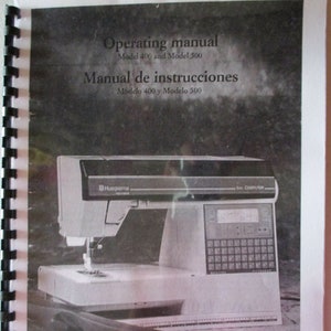 May include: Black and white image of a sewing machine manual with the title "Operating manual Model 400 and Model 500" and "Manual de instrucciones Modelo 400 y Modelo 500". The image shows a close-up of a white sewing machine with a black and white computer screen.