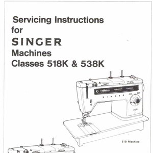 May include: A black and white line drawing of two Singer sewing machines, a 518K and a 538K, with the text "Servicing Instructions for SINGER Machines Classes 518K & 538K" at the top.