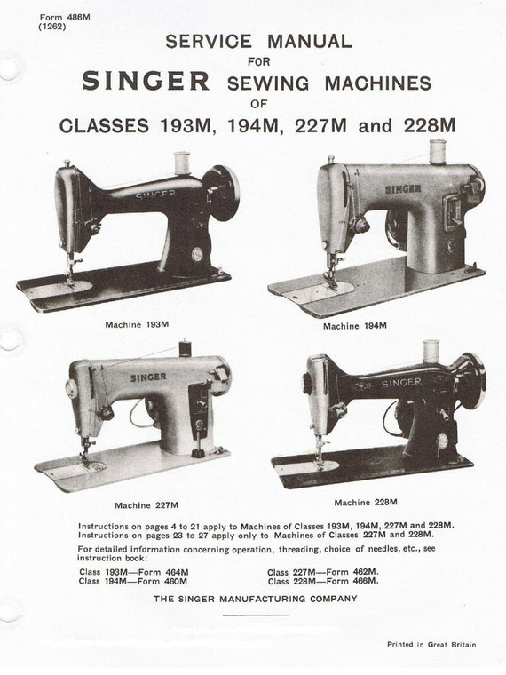 Singer Sewing Machine 193M 194M 227M 228M Parts List Service Repair Manual  Book How to Set Time Timing Tension Remove Replace Parts Clean 