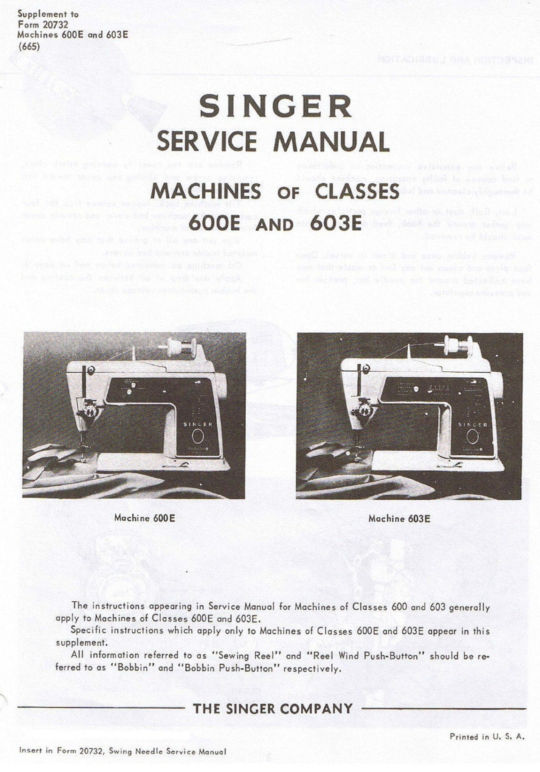Singer Sewing Machine Models 600E 603E Technician Service Repair Manual