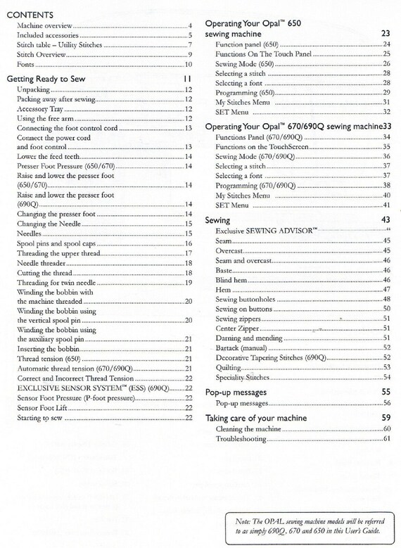 Husqvarna Viking Opal 690Q 670 650 Sewing Machine Users Guide