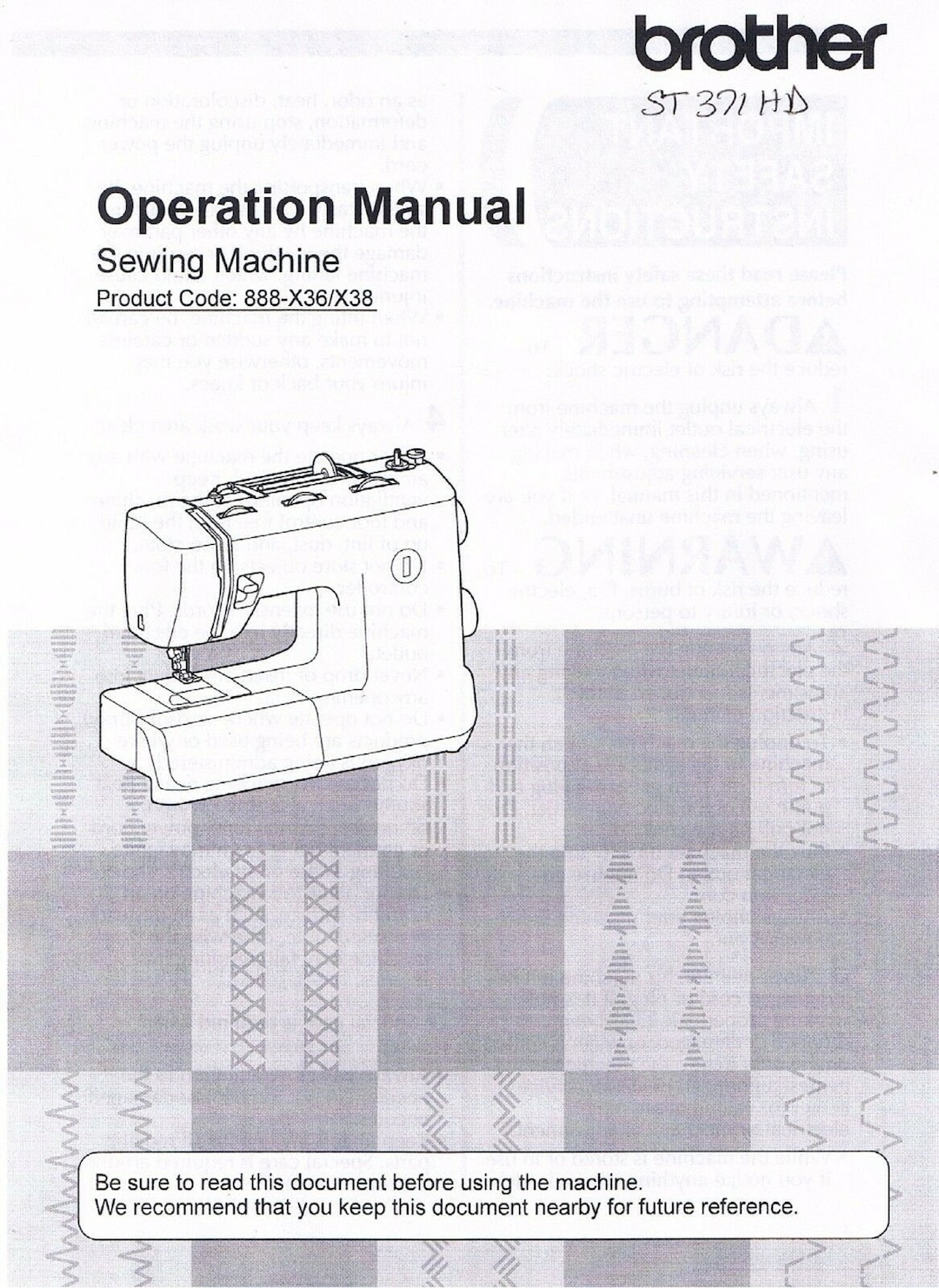 Brother ST371HD Sewing Machine Operation Operating Users Guide Owner