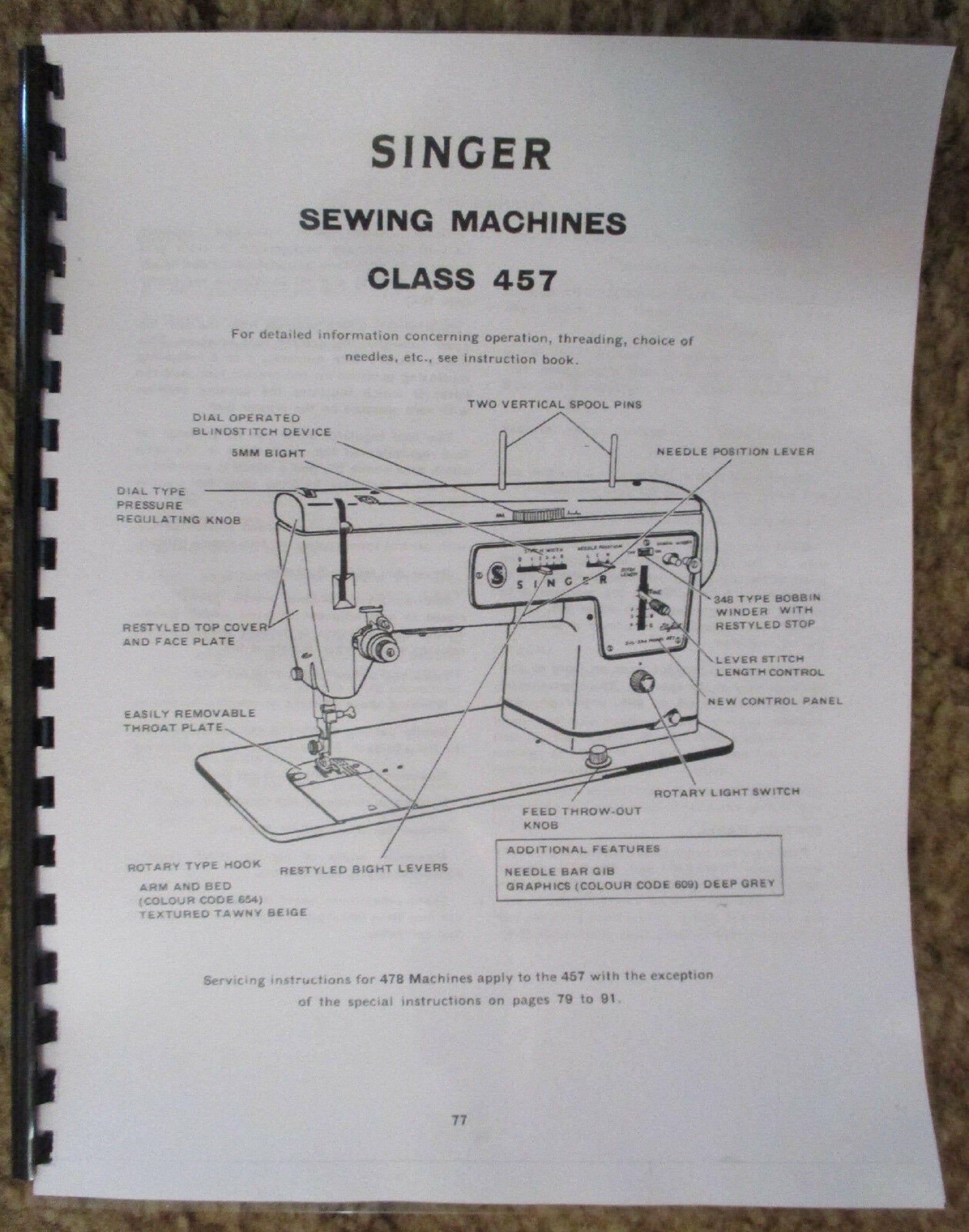 Singer Stylist Sewing Machine Model 457 Service Repair Manual Book How