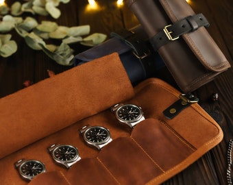 Leather watch roll - Personalized watch pouch - Leather watch holder- Travel watch roll - Watch organiser with Monogram