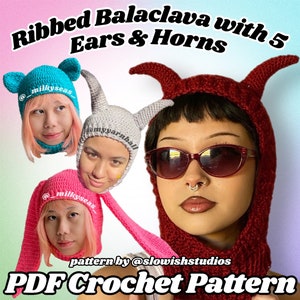 PDF PATTERN: Ribbed Balaclava and Bunny ears, Lamb ears, Bear ears, and Horns Crochet Pattern