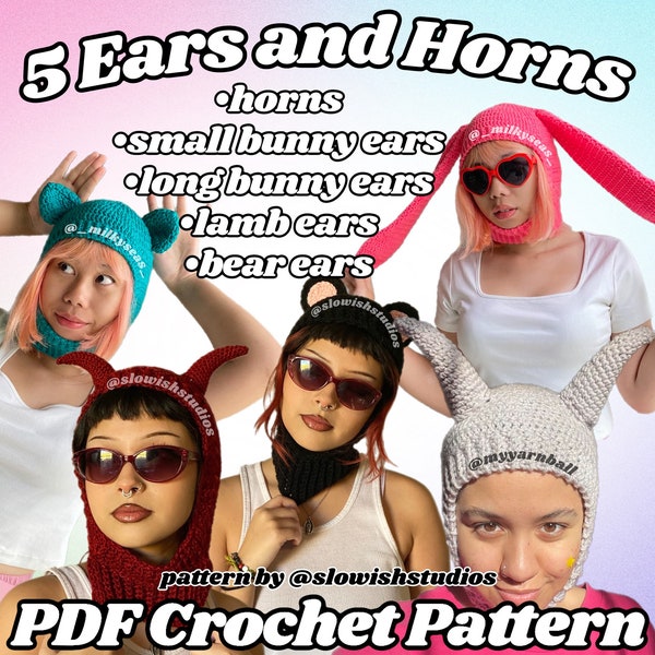 PDF Pattern: 5 Ear Attatchments, Horns, Bunny Ears, Bear Ears, Lamb Ears Crochet Patterns