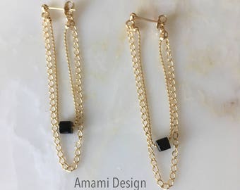 14K Gold-Filled minimalist chain with cube onyx earrings.