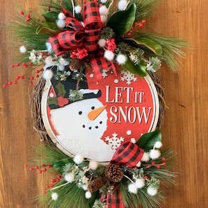 Let it Snow Wreath, winter grapevine Wreath, Tin snowman Sign, Snowman Wreath, Red and White Christmas Decor, Christmas Decoration,