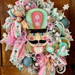 Nutcracker Wreath, Pink Nutcracker, Christmas Decor,  Pink Christmas Decoration,  Nutcracker Wreath for Front Door, Flocked Evergreen