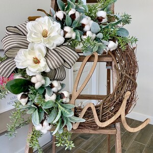 Farmhouse Magnolia Wreath, Magnolia and Cotton wreath, Year round wreath for front door, All Season Wreath, Lambs Ear , Farmhouse style, Hi