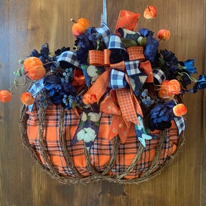 Grapevine Pumpkin Wreath, Fall Wreath for front door, Fall Plaid, Orange and blue pumpkin wreath, Fall Wreath Bow,  Pumpkin Door Hanger