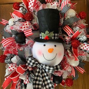 snowman Wreath, Buffalo Check Ribbon, Christmas Decor, winter Decoration, Snowflake, Winter, Red Winter Decor, Snowman Decor