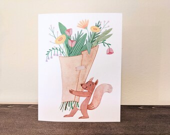 Flower Bouquet from Squirrel ~ Blank Thank you Card