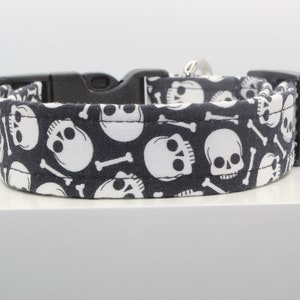 May include: Black and white dog collar with a skull and crossbones pattern.