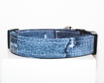 Denim print dog collar, Fabric dog collar, Handmade dog collar, Custom dog collar.