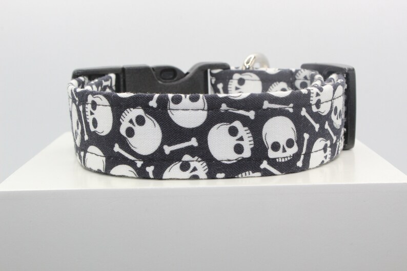 May include: Black and white dog collar with a skull and crossbones pattern.