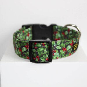 May include: A green and red dog collar with a holly pattern. The collar has a black buckle and a silver D-ring.