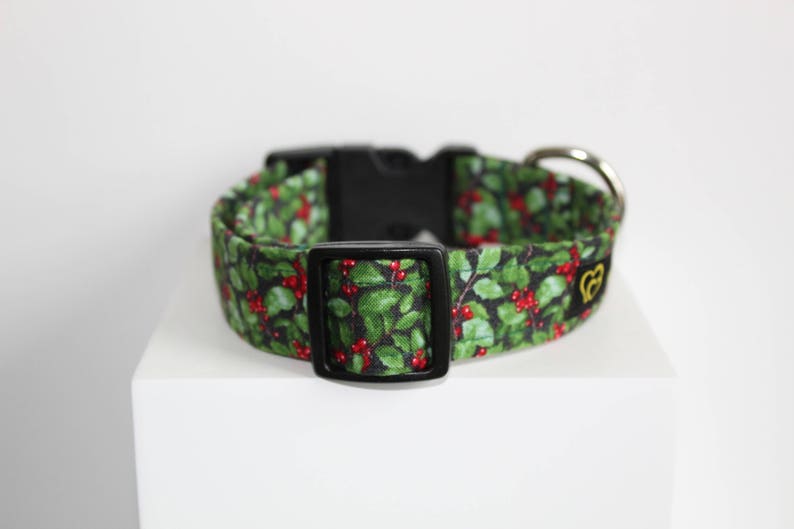 May include: A green and red dog collar with a holly pattern. The collar has a black buckle and a silver D-ring.