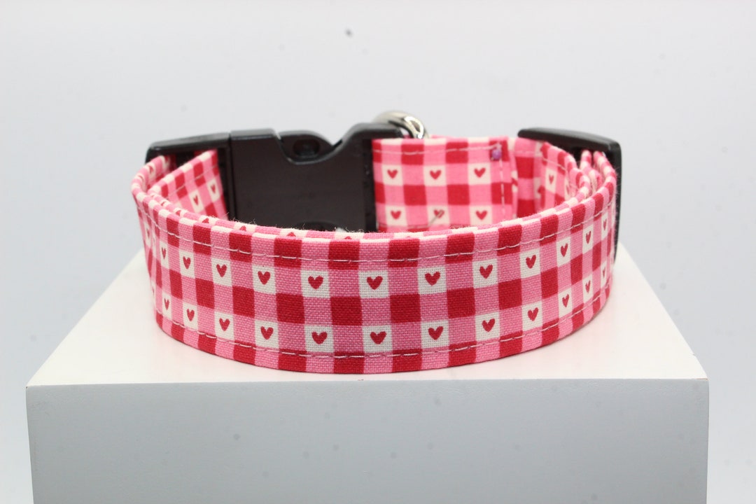 Gingham Valentine's Dog Collar, Handmade Dog Collar, Fabric Dog Collar