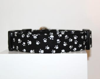 Paws in white dog collar | Handmade Adjustable Fabric Collar for Small to Medium Dogs