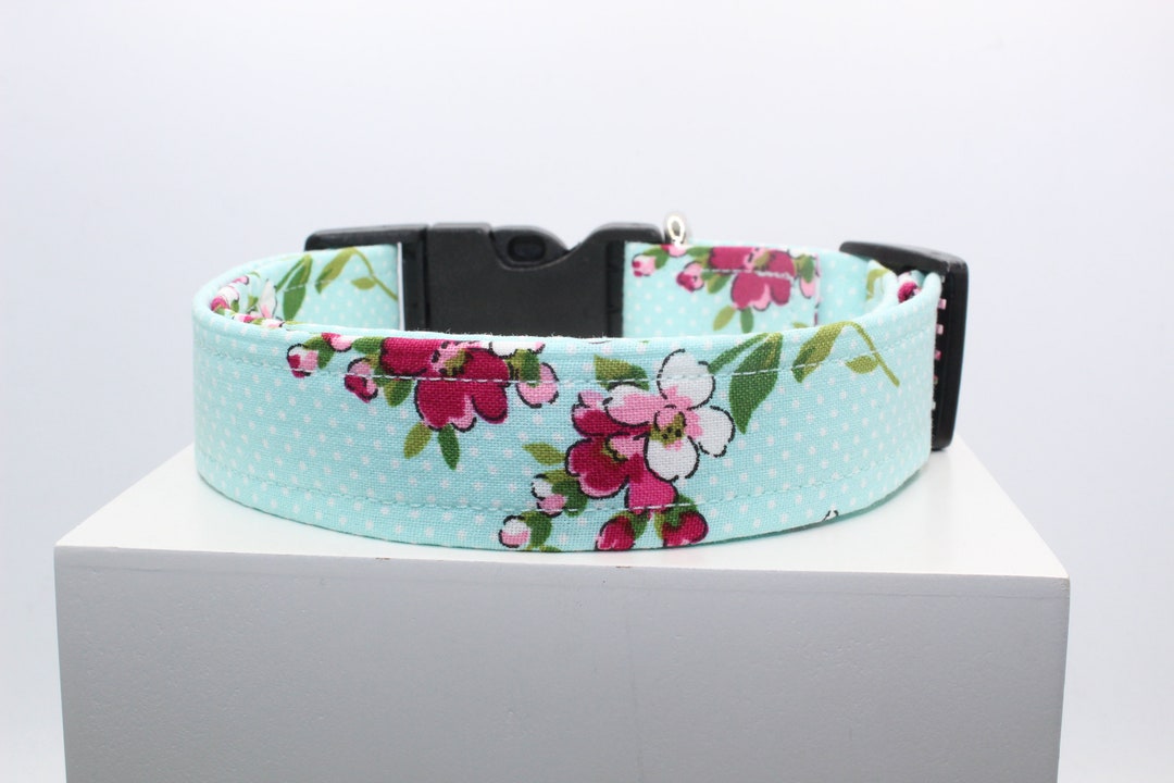 Teal Cherry Blossoms Dog Collar, Handmade Dog Collar, Fabric Dog Collar
