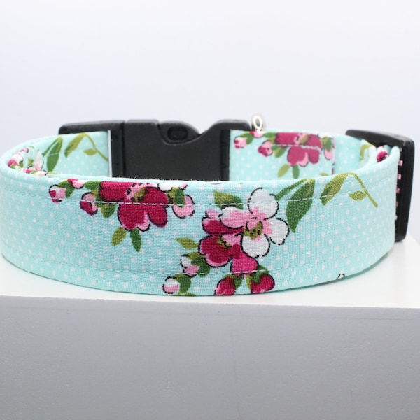 Teal Cherry Blossoms | Handmade dog collar, Fabric dog collar, Adjustable dog collar, Durable dog collar, Pet collar gift
