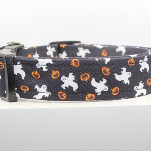 May include: Black dog collar with a white ghost and orange pumpkin pattern.