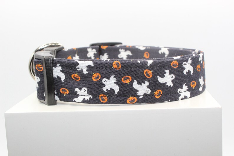 May include: Black dog collar with a white ghost and orange pumpkin pattern.