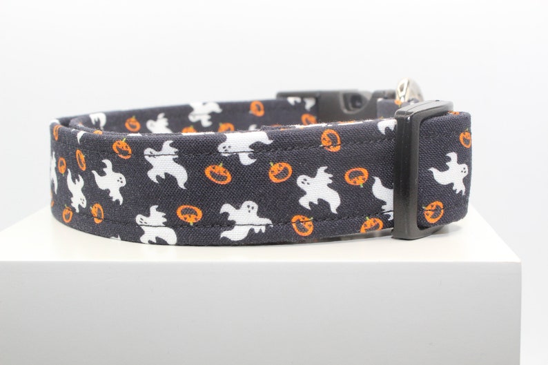 May include: A black dog collar with a white ghost and orange pumpkin pattern.