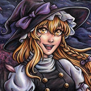 May include: A smiling witch with long blonde hair and a purple bow in her hair, wearing a black witch hat with a purple ribbon and a white lace collar, holding a wooden staff, standing in front of a dark forest with a full moon in the background.