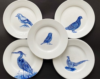 Set of 5 Birds Porcelain Wall Art, Custom porcelain delft blue plate, Personalized decor, Monochrome painting, Toile Decorative plate