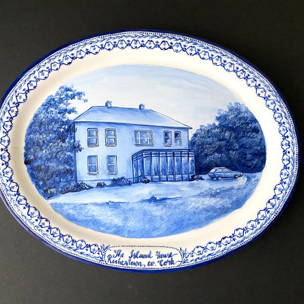 Custom house portrait platter, Hand painted porcelain plate, House portrait from photo, Housewarming gift, Special Christmas gift