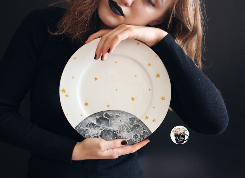 Moon And Stars Fly Me To The Moon Decor Halloween Decor Gray La Luna Art Black And White Space Decor Hand Painted Plate Party Oddities Decor - 