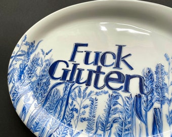 F*ck Gluten plate, Funny kitchen decor, Kitchen wall art, Sarcastic quotes, Wheat gluten art, Hand painted plate, Delft blue platter